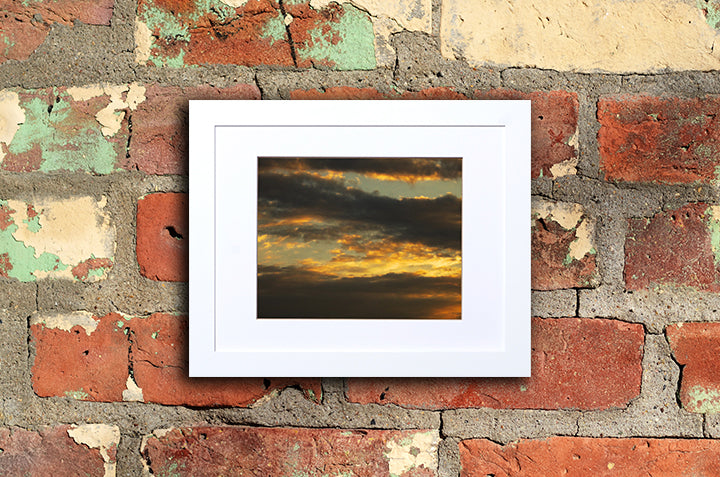 Nature photography print of a glowing autumn sunset mounted with a white frame called Aureola by Loud Hue