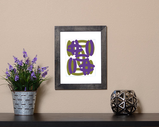 Art Print of a purple and olive colored fun and unique design shown with a black frame called Balloons by Loud Hue