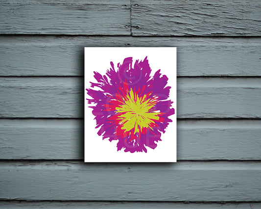 Art Print of an abstract and energetic multicolored flower shown mounted without a frame called Bloom by Loud Hue