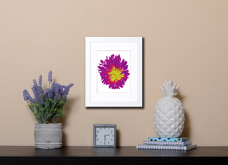 Art Print of an abstract and energetic multicolored flower in white frame called Bloom by Loud Hue