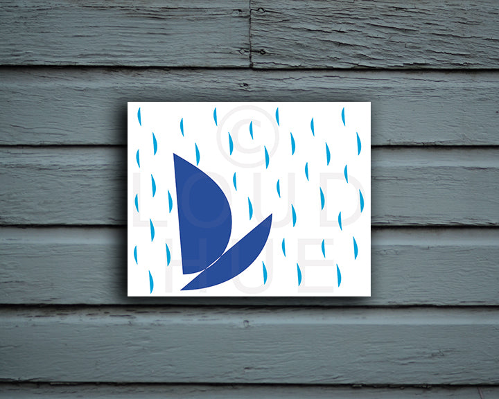 Modern Art Print with a playful design of a boat and raindrops shown mounted without a frame called Boat by Loud Hue