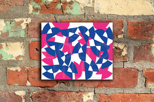 Pop art style Art Print in pink and blue overlapping shapes shown mounted without a frame called Bound by Loud Hue