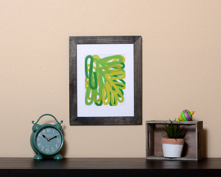 Colorful Art Print of playful green chalk lines shown with black frame called Chalk by Loud Hue