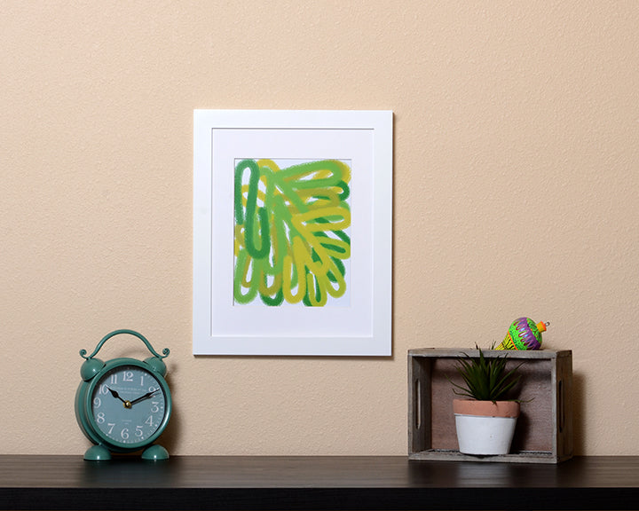 Colorful Art Print of playful green chalk lines shown with white frame called Chalk by Loud Hue