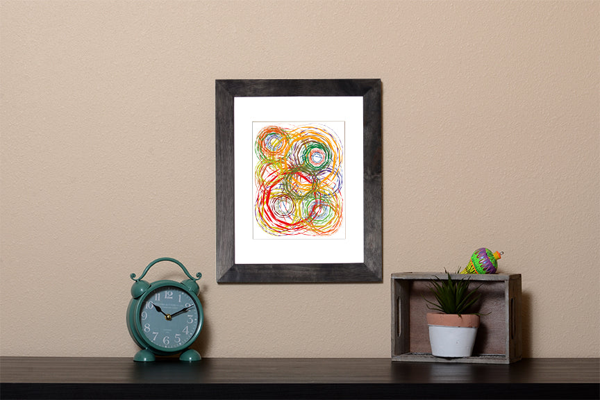 Abstract Art Print of a fun design with circles in black frame called Chaos by Loud Hue