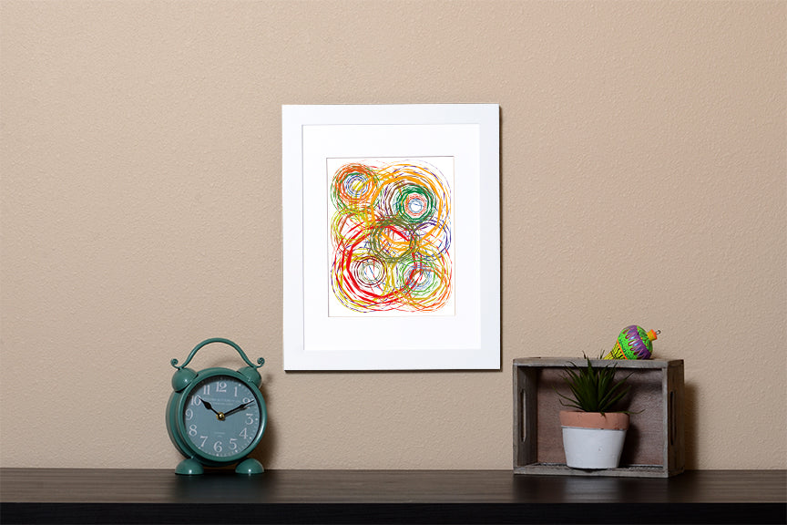 Abstract Art Print of a fun design with circles in white frame called Chaos by Loud Hue