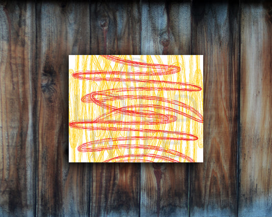 Modern Art Print of red and yellow horizontal and vertical lines with a paintbrush effect shown mounted without frame called Dash by Loud Hue