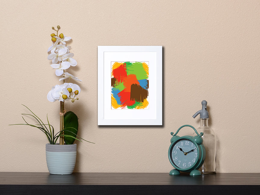 Abstract Art Print of overlapping shapes in vibrant colors with white frame called Faces by Loud