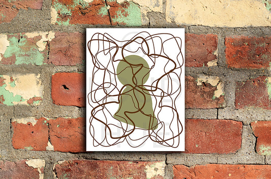 Art print of olive green human silhouette with overlapping brown lines called Human mounted without frame by loud Hue