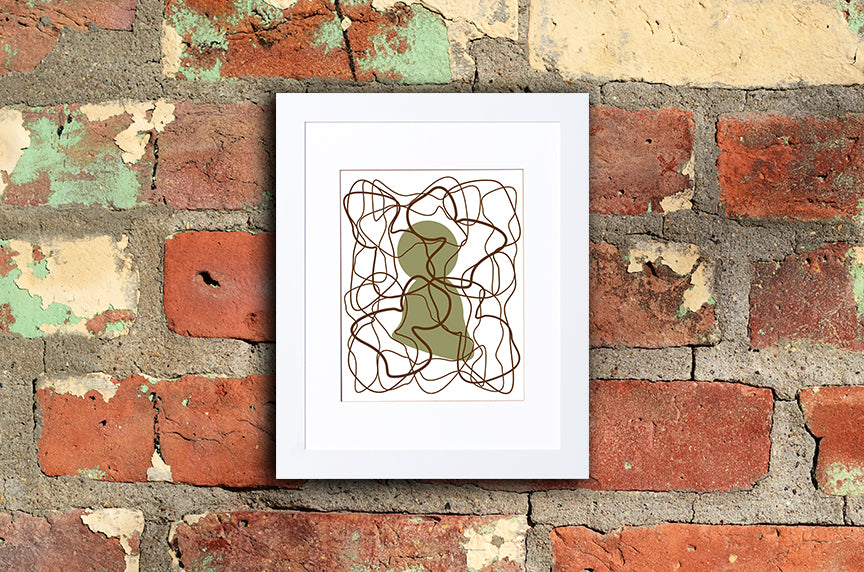 Art print of olive green human silhouette with overlapping brown lines called Human mounted with white frame by loud Hue