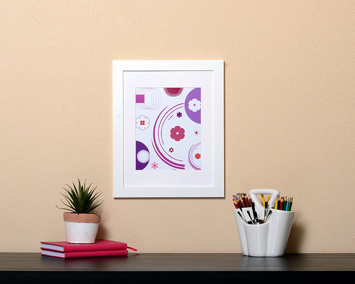 Art Print of a fun pink and purple flowery design shown with a white frame called Jewel by Loud Hue.