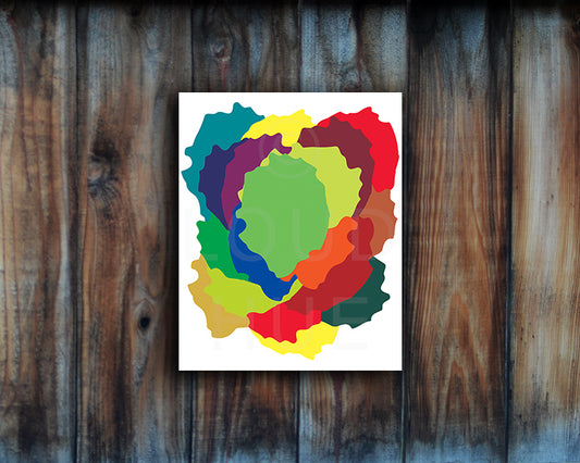 Modern Art Print of overlapping abstract shapes in vibrant colors shown mounted without a frame called Love by Loud Hue