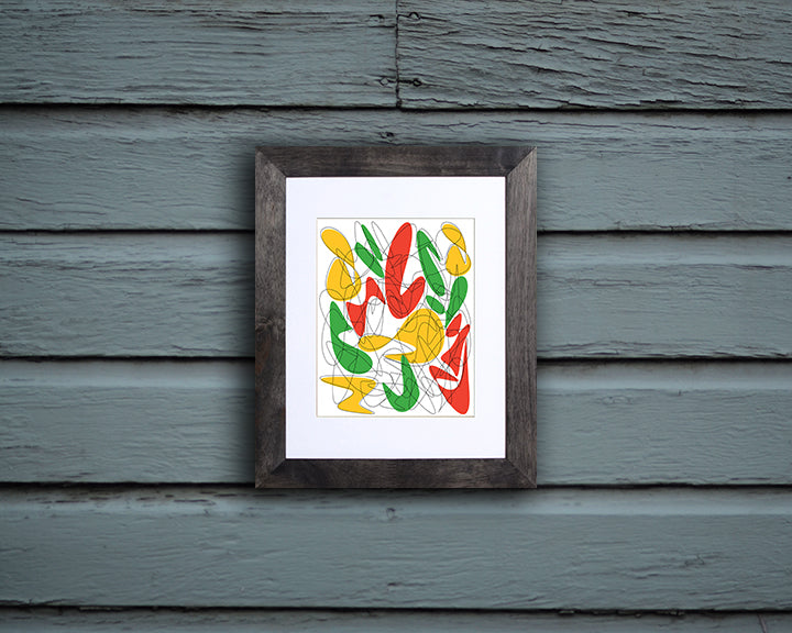 Art Print with red, green and yellow abstract shapes and black lines shown with a black frame called Music by Loud Hue