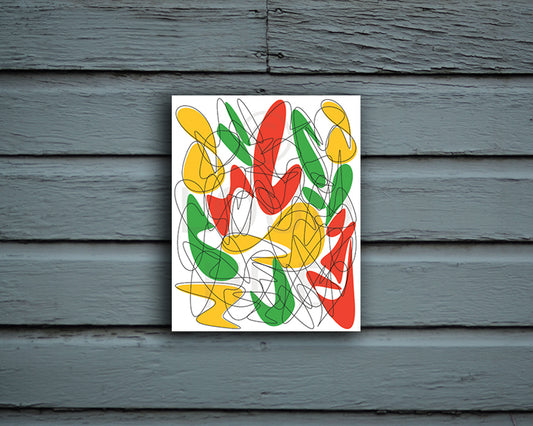 Art Print with red, green and yellow abstract shapes and black lines shown mounted without a frame called Music by Loud Hue
