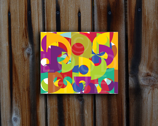 Pop art style Art Print of bold and colorful geometric shapes shown mounted on a wood wall called Puzzle by loud Hue