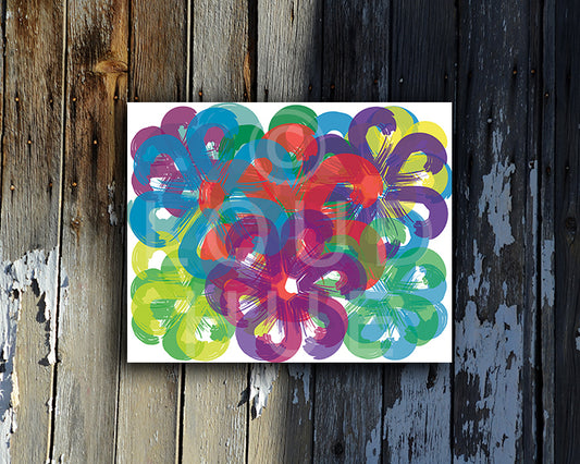 Art Print of overlapping flowers in cheerful bright colors shown mounted without a frame called Spring by Loud Hue