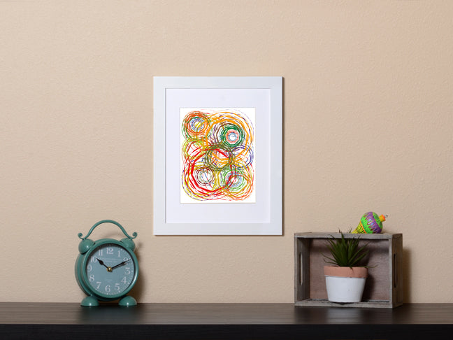 Abstract Art Print of a fun design with circles in white frame called Chaos by Loud Hue