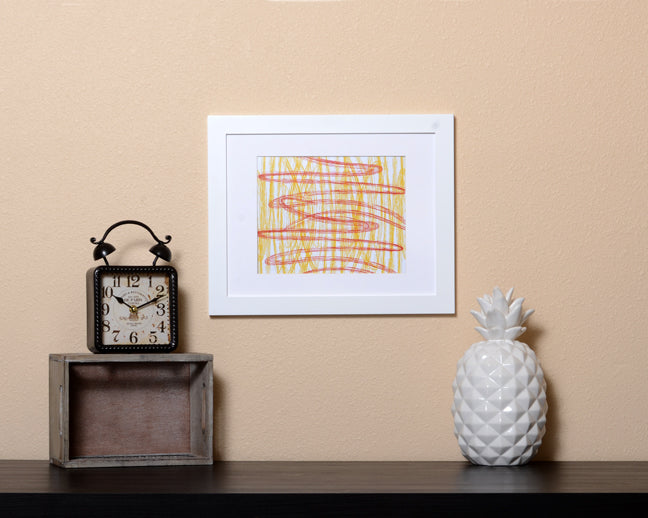 Modern Art Print of red and yellow horizontal and vertical lines with a paintbrush effect shown in a white framed called Dash by Loud Hue