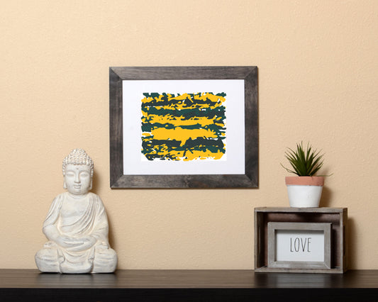 Art Print of rows of deep green and yellow colors resembling the forest with black frame called Forest by Loud Hue