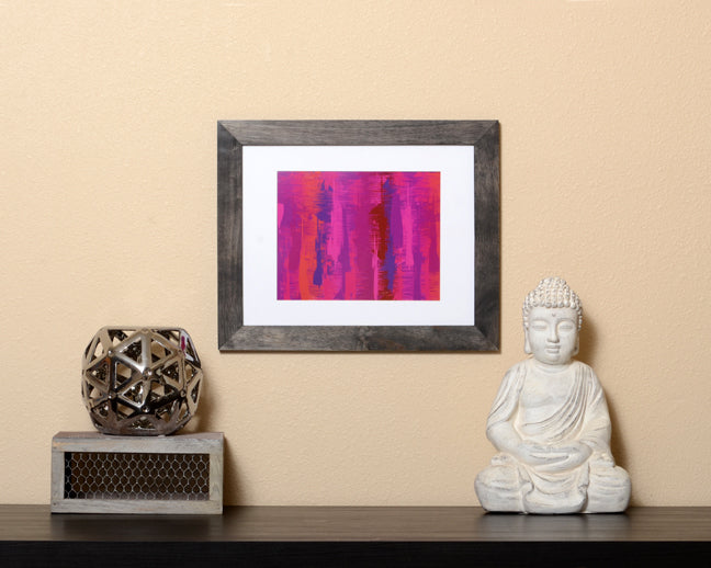 Art Print in Impressionism style with pink, purple and violet colors shown with a black frame called Deep Crush by Loud Hue