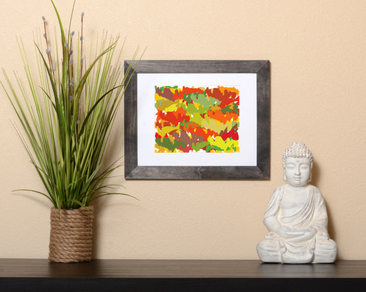 Bring the beautiful seasonal colors of autumn into your home with this Art Print of abstract shapes shown with a black frame called Pieces by Loud Hue