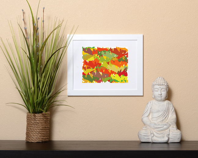 Bring the beautiful seasonal colors of autumn into your home with this Art Print of abstract shapes shown with a white frame called Pieces by Loud Hue