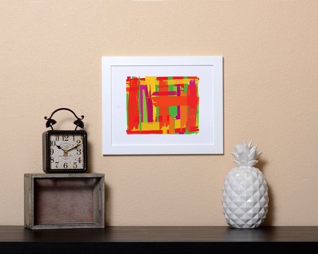Art Print of an abstract design in vivid colors with a paint brush effect shown with a white frame called Prismatic by Loud Hue