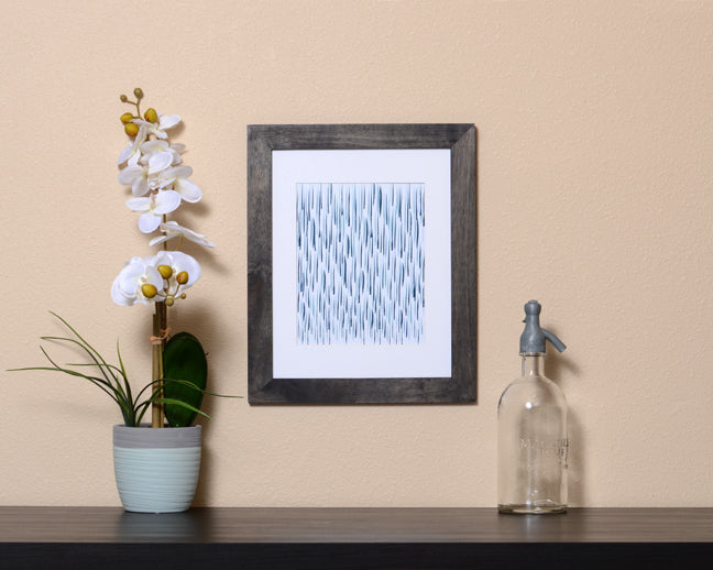 Art Print of raindrops in hues of blue with a brushstroke effect in black frame called Rain by Loud Hue