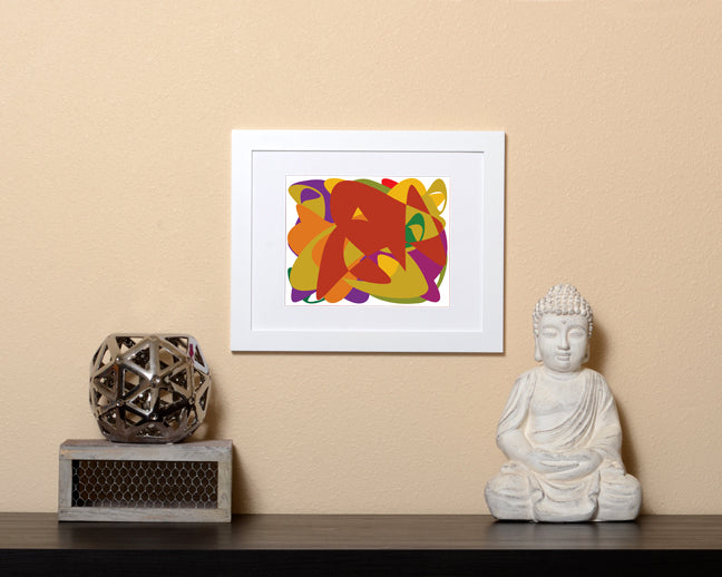 Modern Surreal Art Print of brown, yellow, purple and green bold shapes shown with a white frame called Togetherness by Loud Hue