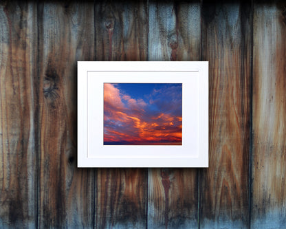 Nature photography print of a bright and peaceful sunset shown mounted with a white frame called Balance by Loud Hue