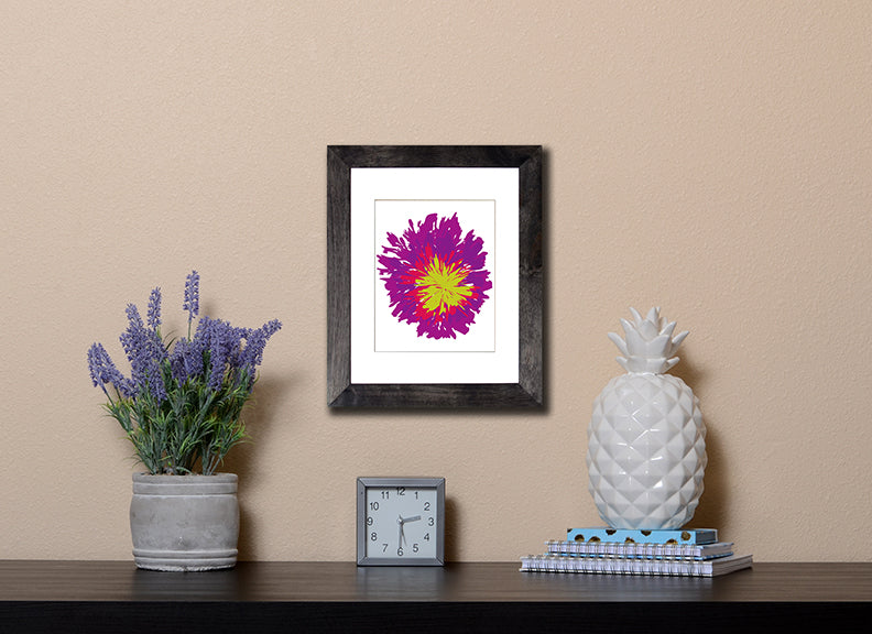 Art Print of an abstract and energetic multicolored flower in black frame called Bloom by Loud Hue