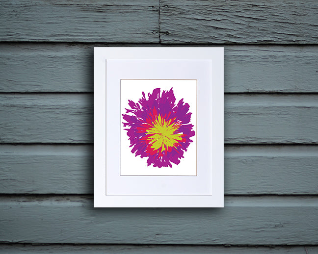 Art Print of an abstract and energetic multicolored flower in white frame called Bloom by Loud Hue