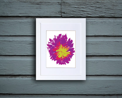 Art Print of an abstract and energetic multicolored flower in white frame called Bloom by Loud Hue
