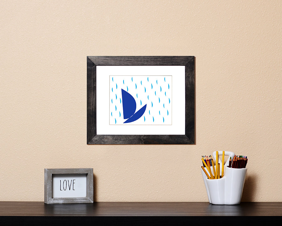 Modern Art Print with a playful design of a boat and raindrops with black frame called Boat by Loud Hue