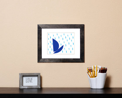 Modern Art Print with a playful design of a boat and raindrops with black frame called Boat by Loud Hue
