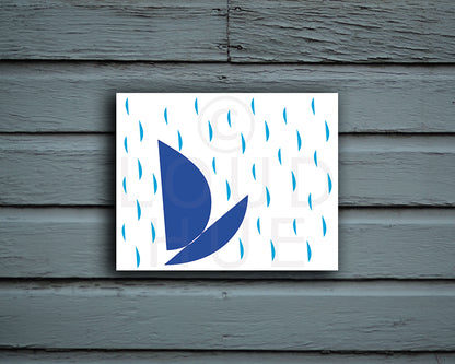 Modern Art Print with a playful design of a boat and raindrops shown mounted without a frame called Boat by Loud Hue