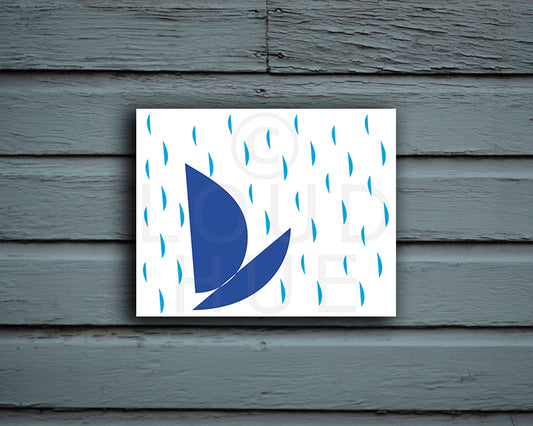 Modern Art Print with a playful design of a boat and raindrops shown mounted without a frame called Boat by Loud Hue