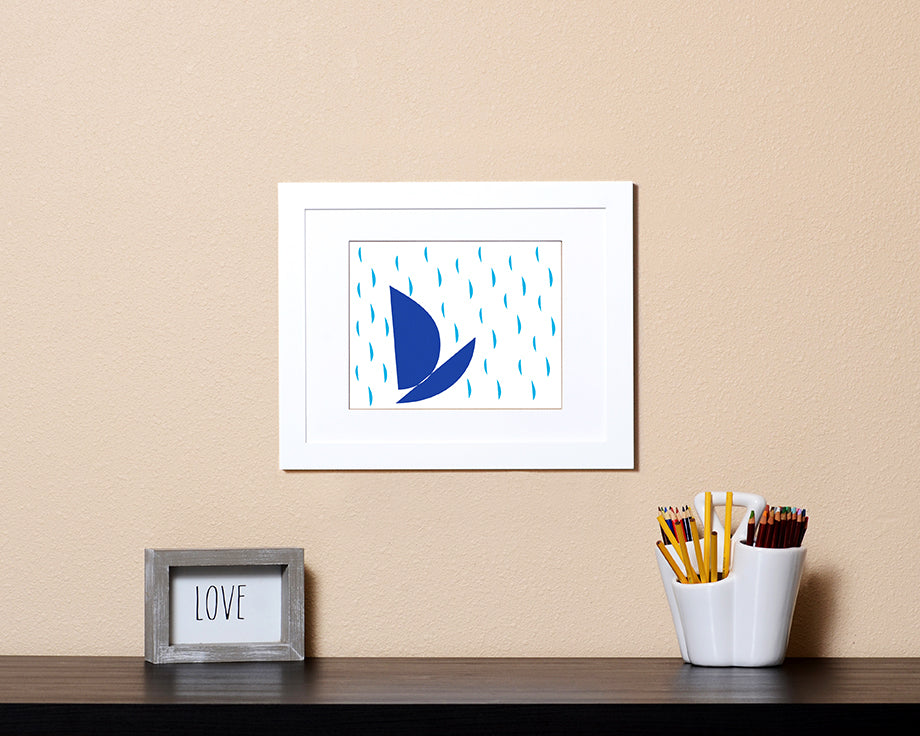 Modern Art Print with a playful design of a boat and raindrops with white frame called Boat by Loud Hue