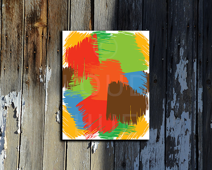 Abstract Art Print of overlapping shapes in vibrant colors shown mounted without a frame called Faces by Loud Hue