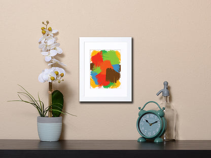 Abstract Art Print of overlapping shapes in vibrant colors with white frame called Faces by Loud 