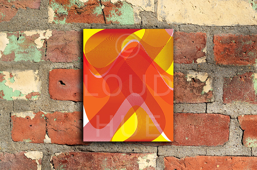 Art Print of a flowing blend of yellow and orange colors and textures shown mounted without a frame called Flow by Loud Hue