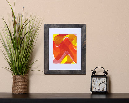 Art Print of a flowing blend of yellow and orange colors and textures shown in a black frame called Flow by Loud Hue