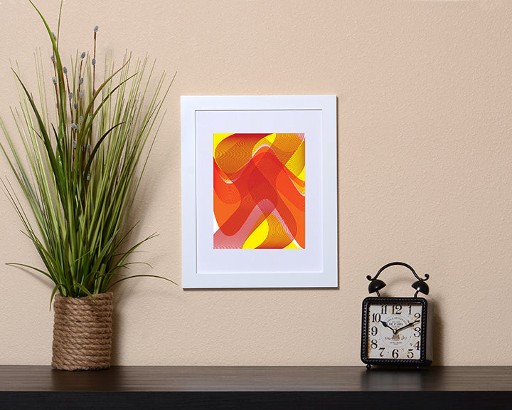 Art Print of a flowing blend of yellow and orange colors and textures shown in a white frame called Flow by Loud Hue