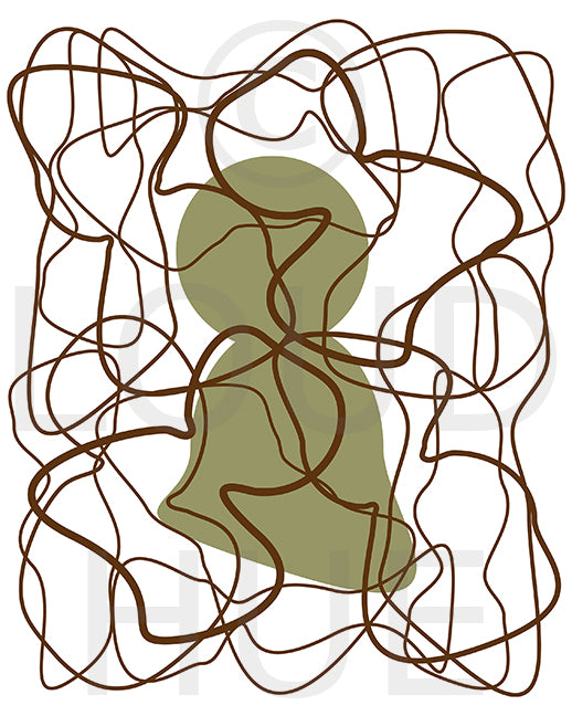 Art print of olive green human silhouette with overlapping brown lines called Human by loud Hue