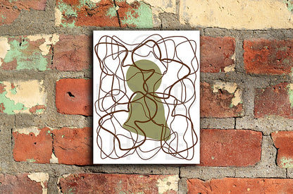 Art print of olive green human silhouette with overlapping brown lines called Human mounted without frame by loud Hue
