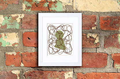 Art print of olive green human silhouette with overlapping brown lines called Human mounted with white frame by loud Hue