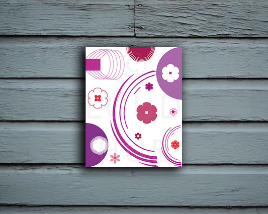 Art Print of a fun pink and purple flowery design shown mounted without a frame called Jewel by Loud Hue.