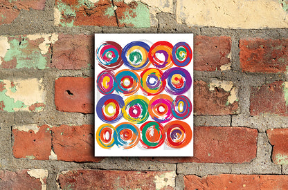Art Print of energetic and colorful circles with a brushstroke effect shown mounted without a frame called Jolt by Loud Hue