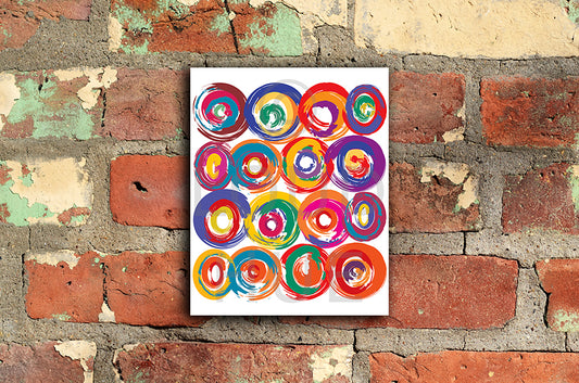 Art Print of energetic and colorful circles with a brushstroke effect shown mounted without a frame called Jolt by Loud Hue