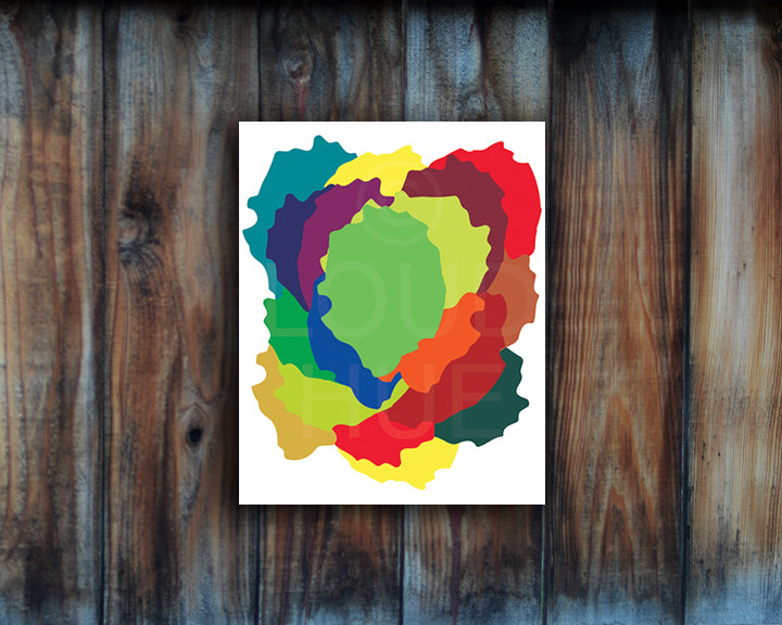 Modern Art Print of overlapping abstract shapes in vibrant colors shown mounted without a frame called Love by Loud Hue